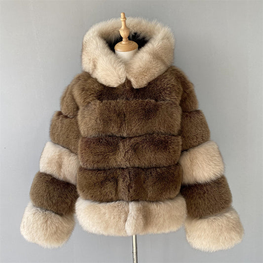 Mixed Color Real Fluffy Fox Fur Coat With Hood Design Wholesale Popular Winter Clothes For Women