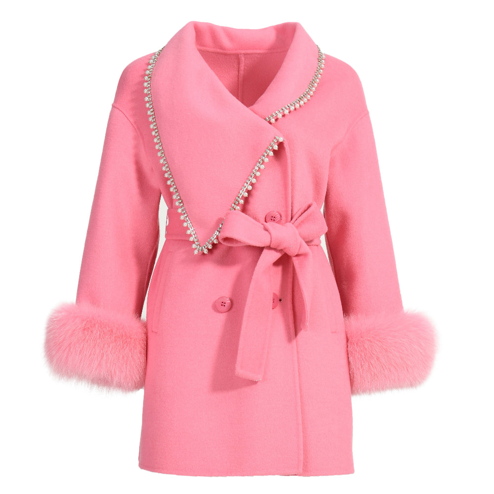 Winter New Style Turn-down V-neck Double-sided Wool Coat High Quality Women Real Fox Fur Cuff Cashmere Coatings