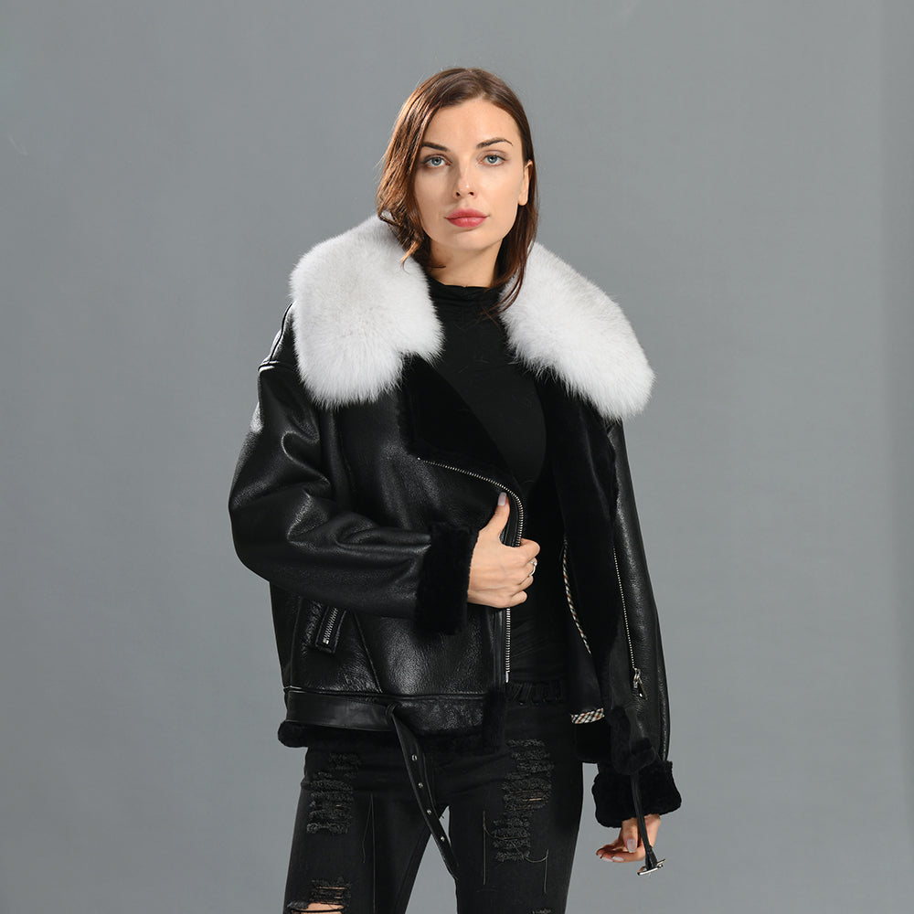 Luxury Fluffy Fox Fur Collar Regular Length Genuine Leather Shearling Jacket Women Custom