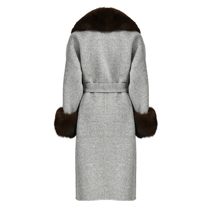 Winter Wholesale Custom High Quality Belt Design Cashmere Coat With Real Fox Fur Women Double-sided Wool Long Coat