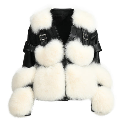 Streetwear Love Heart Shape Fox Fur Design Best Fashion Black Leather Jacket Womens