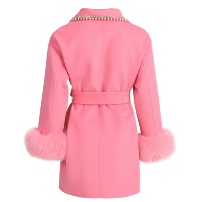 Winter New Style Turn-down V-neck Double-sided Wool Coat High Quality Women Real Fox Fur Cuff Cashmere Coatings