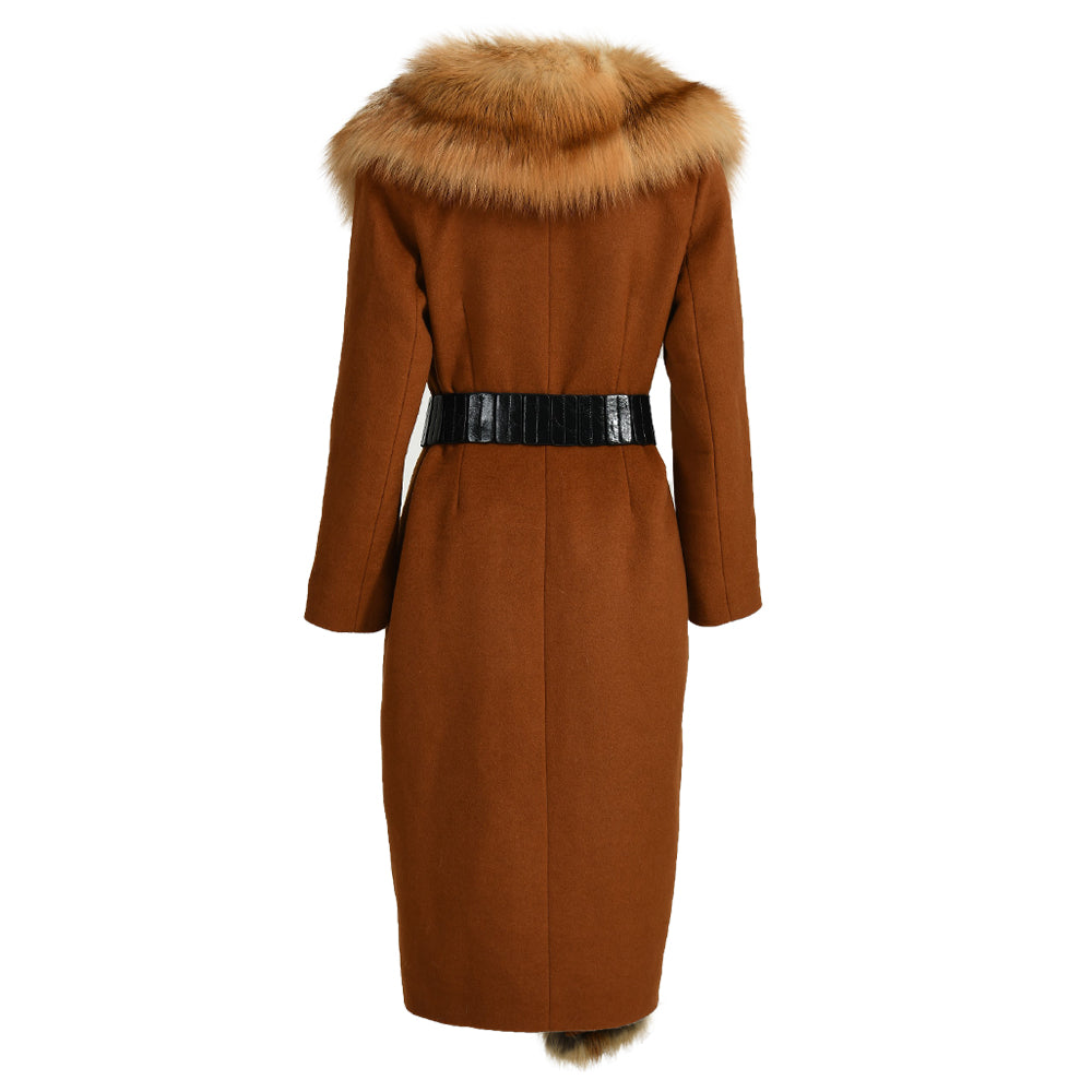 High Quality Belt Design Wool Coat With Real Big Fluffy Fox Fur Collar