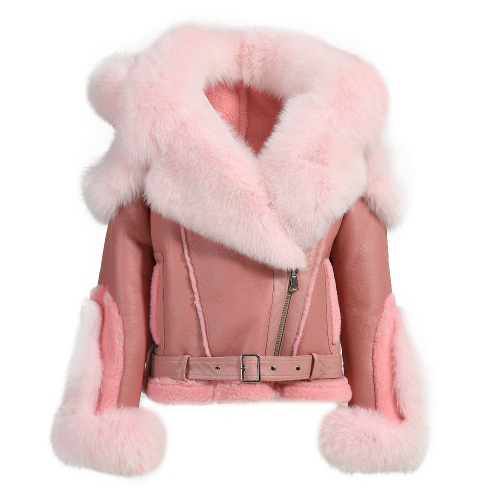 New Design Real Fox Fur Collar And Trim Genuine Leather Belt Fashion Women Leather Shearling Custom Coat