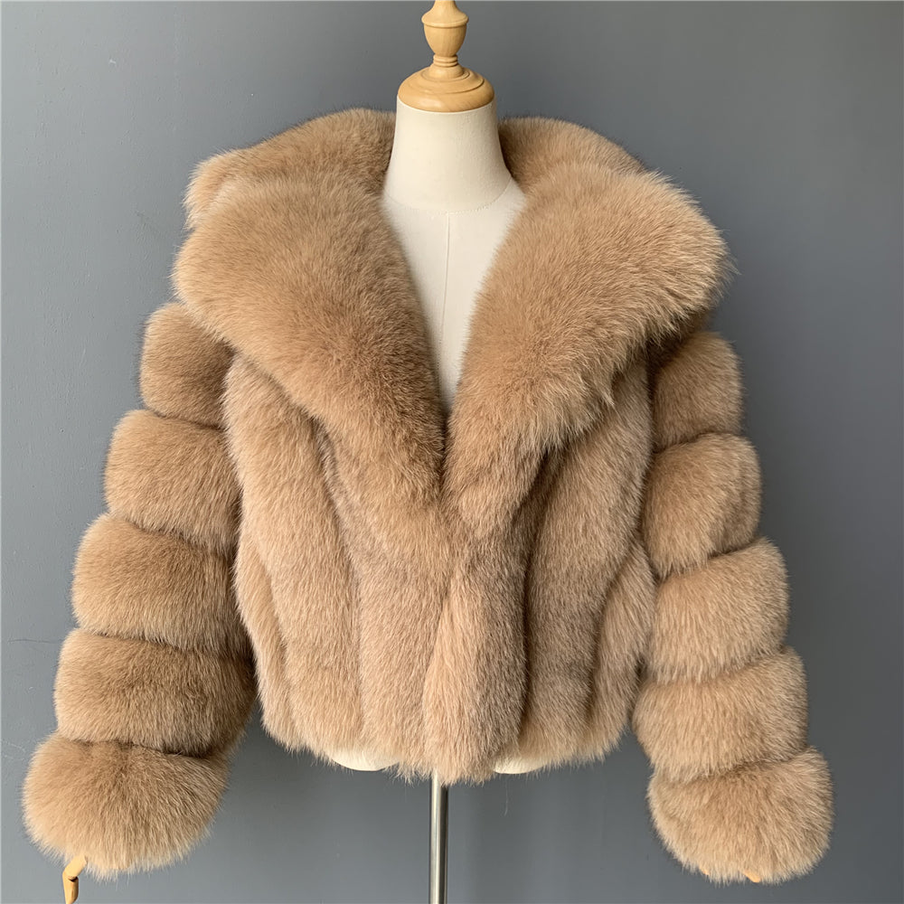 Jaxmonoy Real Fox Fur Coat With Big Double Face Fox Fur Collar