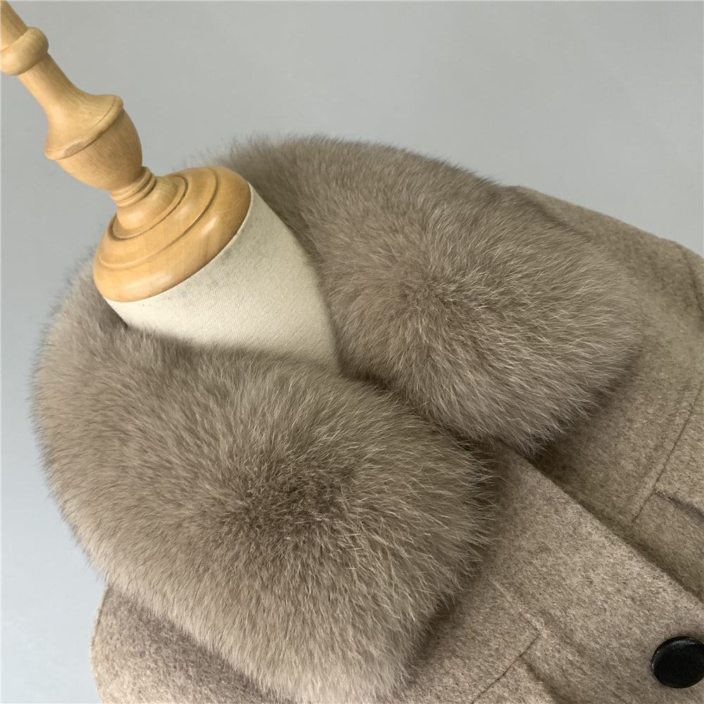 Jaxmonoy Women Cashmere Coat With Fur Collar Short Style