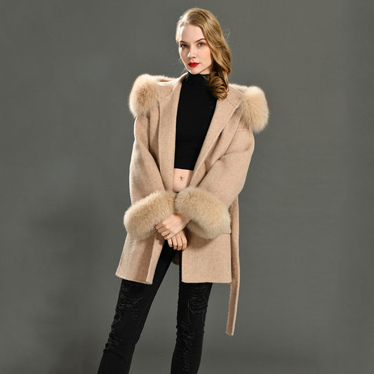 Jaxmonoy Ladies Cashmere Wool Coat Real Fox Fur Collar And Cuffs