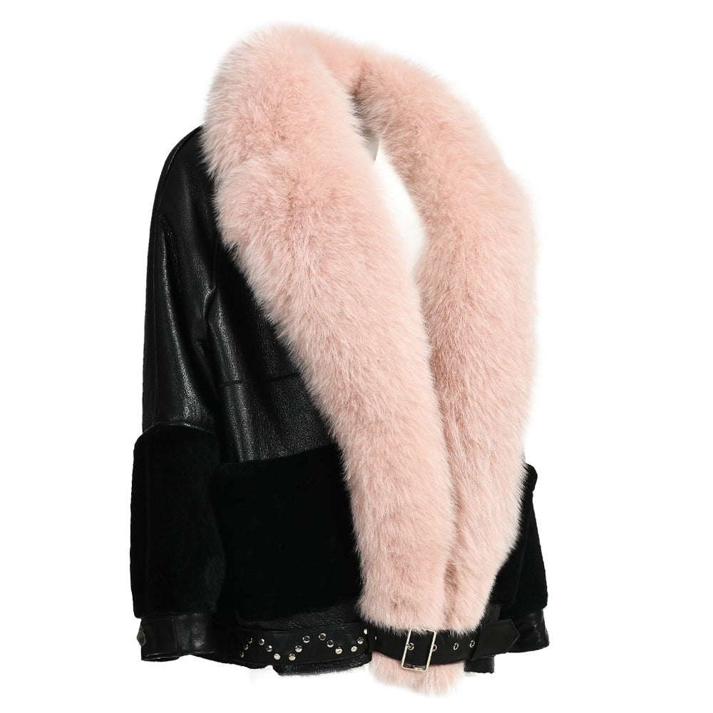 Winter Warm Thick Shearling Coat With Luxury Fox Fur Collar High Quality Genuine Leather Shearling Jacket Women Custom