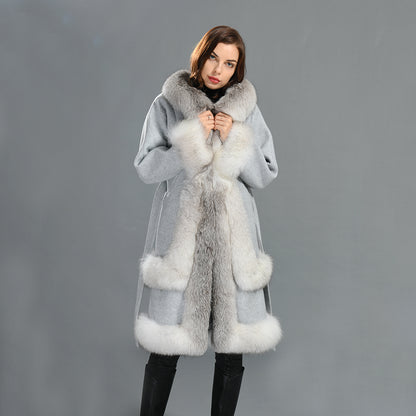 Winter Hot Sale Double-faced Wool Coat With Luxury Fox Fur Trim Belt Design Fashion Women Cashmere Long Coat Plus Size