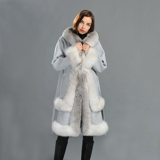 Winter Hot Sale Double-faced Wool Coat With Luxury Fox Fur Trim Belt Design Fashion Women Cashmere Long Coat Plus Size