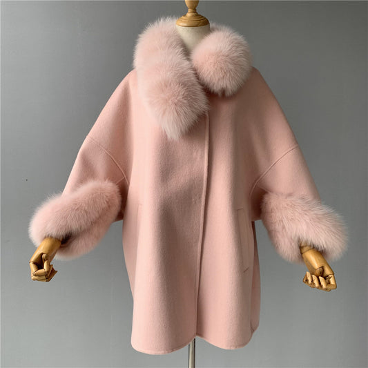 Jaxmonoy New Style Cashmere Coat With Real Fur Collar And Cuffs Woolen Overcoat