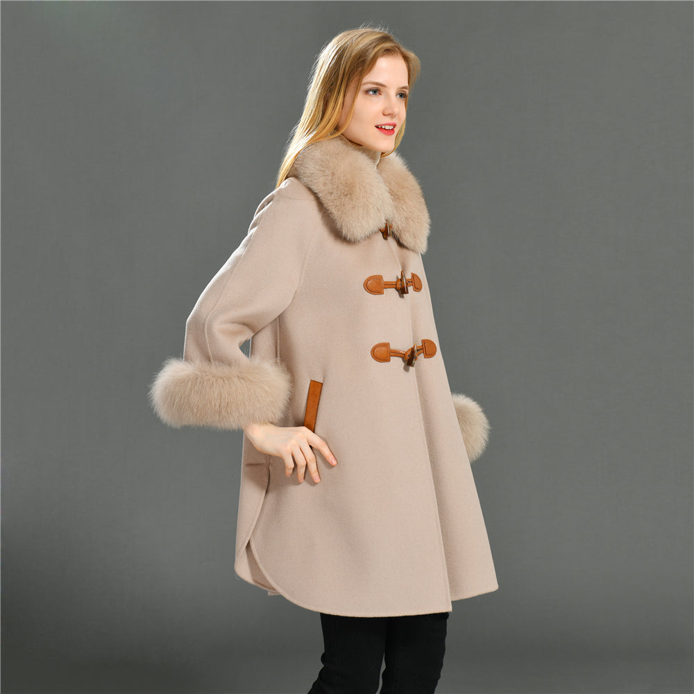 Jaxmonoy Double-faced Woolen Cashmere Coat Real Fox Fur Collar