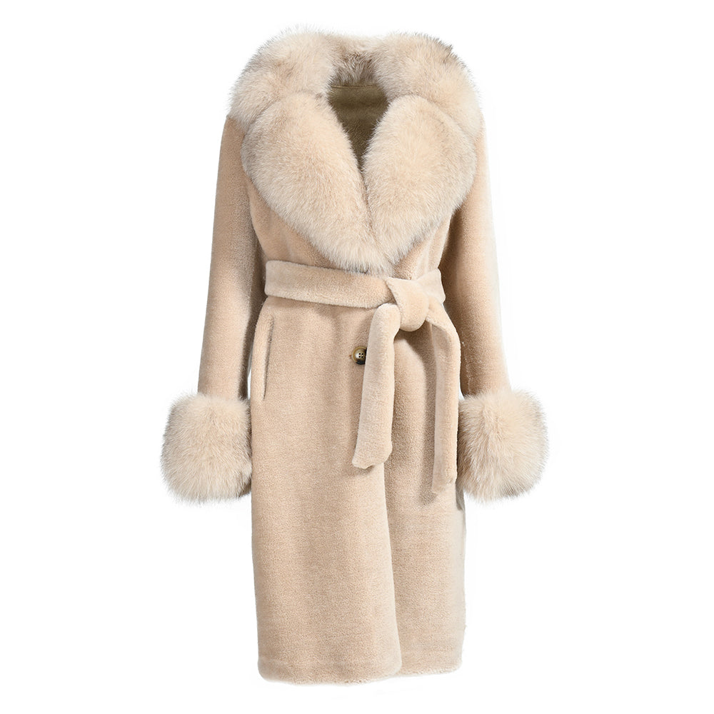 Winter Ladies Long Lamb Fur Fleece Jacket Custom Color Genuine Sheep Shearling Fox Fur Collar Teddy Bear Coat Women