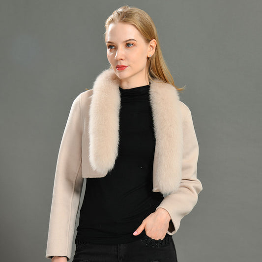 Jaxmonoy Fashionable Ladies Super Short Style Cashmere Coat With Genuine Fox Fur Collar