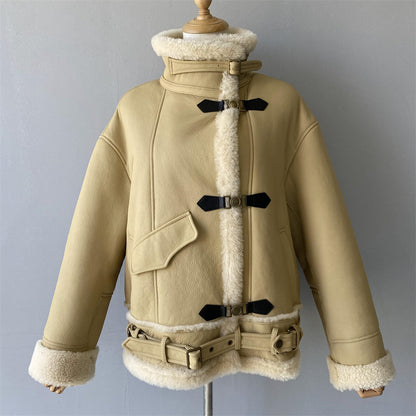 Warm Shearling Coat With Real Sheep Fur Belt Design Winter Women Genuine Shearling Jacket