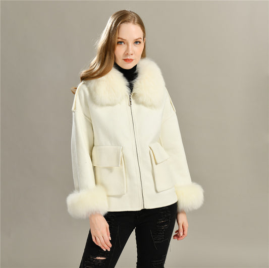 Jaxmonoy Women Cashmere Coat With Real Fur Collar And Cuffs