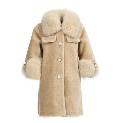 Children Long Sheep Fur Teddy Coat With Real Fox Fur Collar And Cuffs