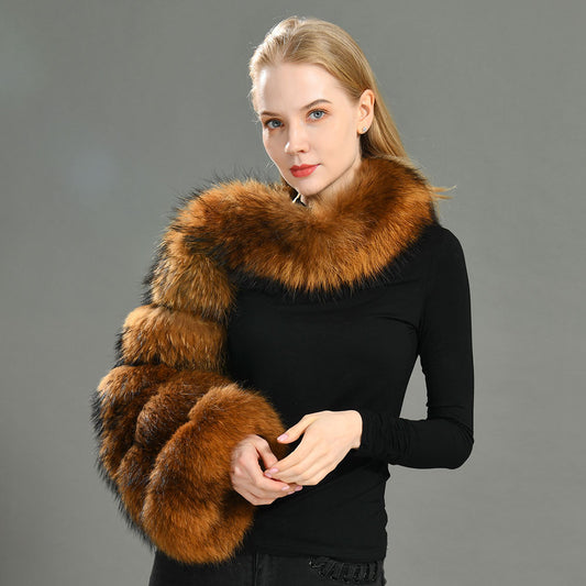 Jaxmonoy Women Real Raccoon Fur Sleeve Ladies Fashion Natural Fur Coat One Sleeve