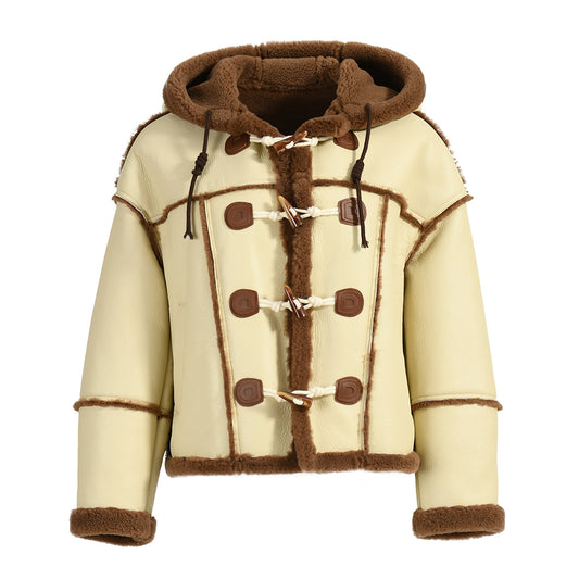 Horn Button Hooded Genuine Leather Jacket With Real Fur Winter