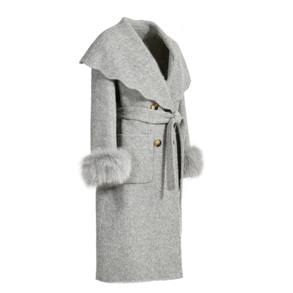 Double-sided Cashmere Wool Coat With Big Collar Removable Fox Fur Cuff