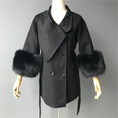 Windbreaker Style Elegant Silhouette Breathable Wool Cashmere Coat With Fur