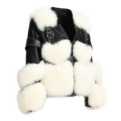 Streetwear Love Heart Shape Fox Fur Design Best Fashion Black Leather Jacket Womens