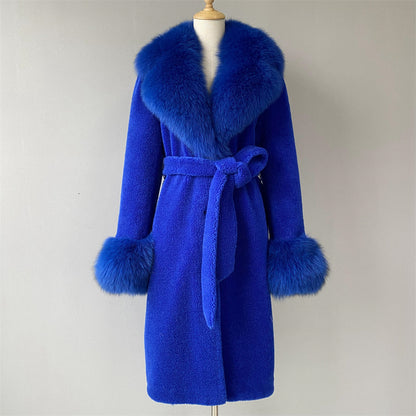 Winter Ladies Long Lamb Fur Fleece Jacket Custom Color Genuine Sheep Shearling Fox Fur Collar Teddy Bear Coat Women