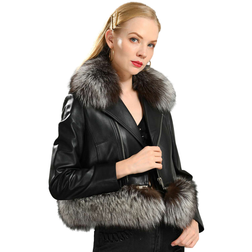 Jaxmonoy Leather Jacket With Silver Fox Fur