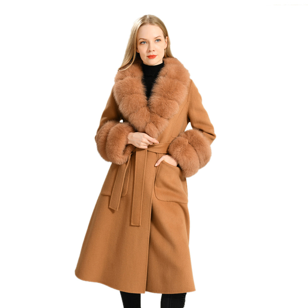 Jaxmonoy Women Cashmere Coat With Fur Collar And Cuffs