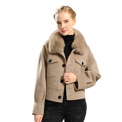 Jaxmonoy Women Cashmere Coat With Fur Collar Short Style