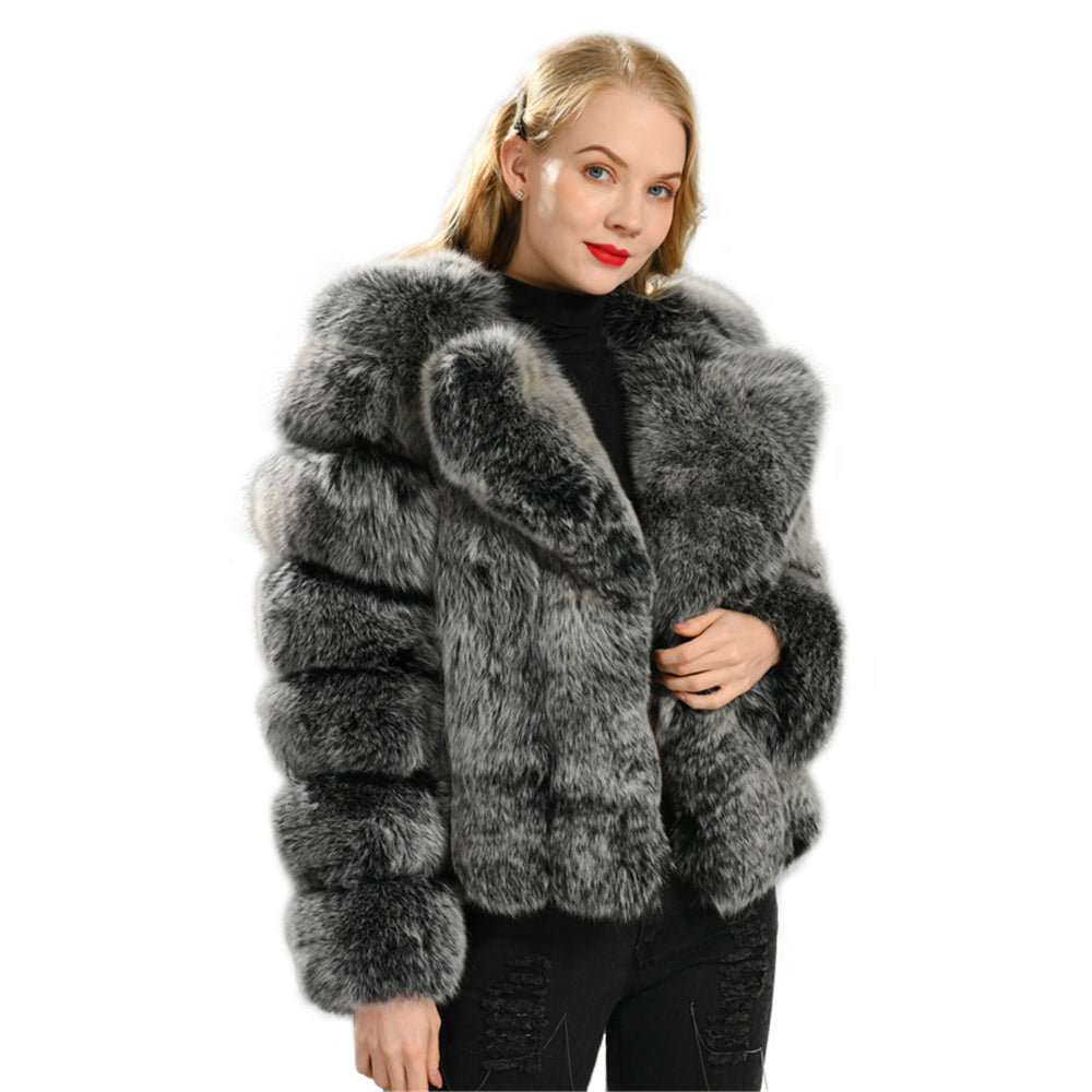 Jaxmonoy Real Fox Fur Coat With Big Double Face Fox Fur Collar