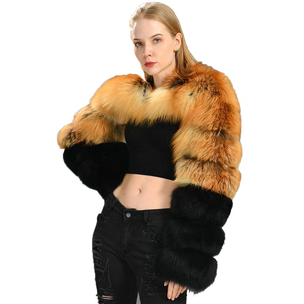 Jaxmonoy Real Fox Fur Coat Double Fur Sleeves Design