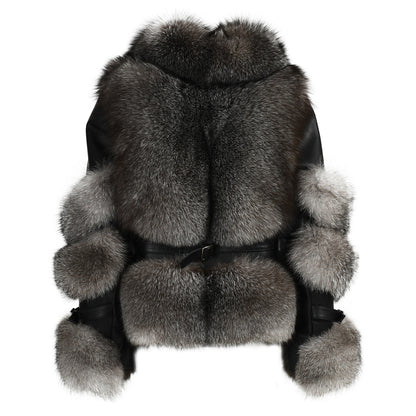 Winter Thick Windproof Real Fox Fur Coat With Zipper And Belt Design Women Genuine Leather Fur Jacket