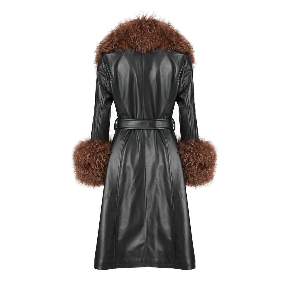 Genuine Sheepskin Leather Coat With Real Sheep Fur Collar And Cuffs