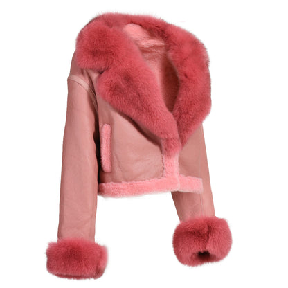 Women Genuine Cropped Sheepskin Leather Jacket With Real Fox Fur