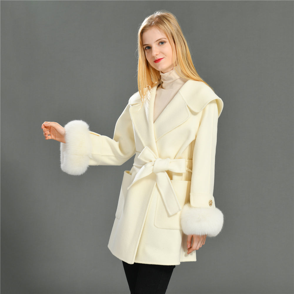 Jaxmonoy Women Cashmere Coat With Fur Cuffs