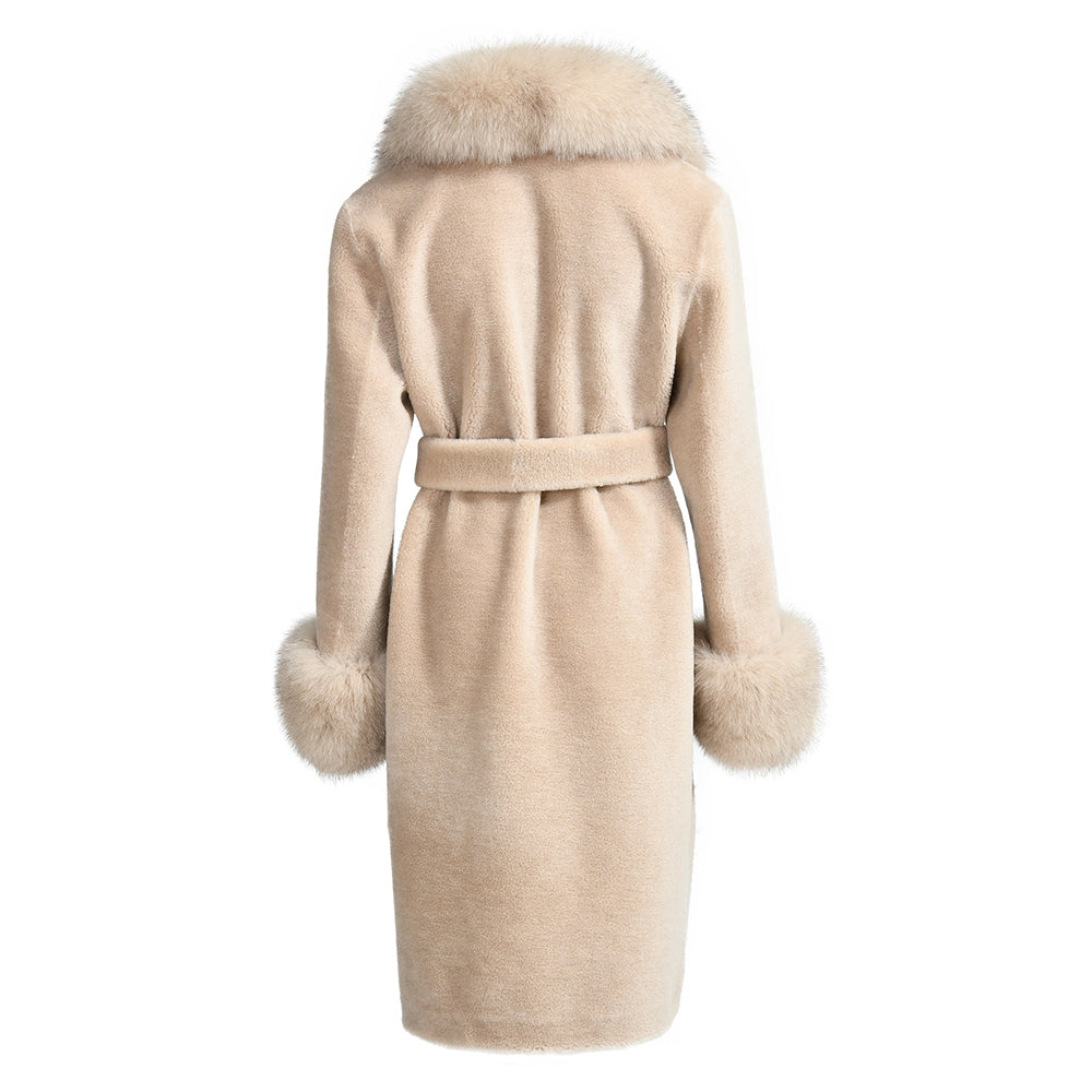 Winter Ladies Long Lamb Fur Fleece Jacket Custom Color Genuine Sheep Shearling Fox Fur Collar Teddy Bear Coat Women