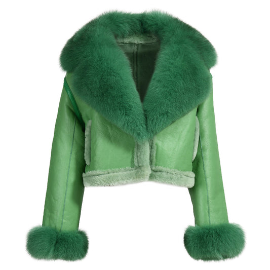 Women Genuine Cropped Sheepskin Leather Jacket With Real Fox Fur