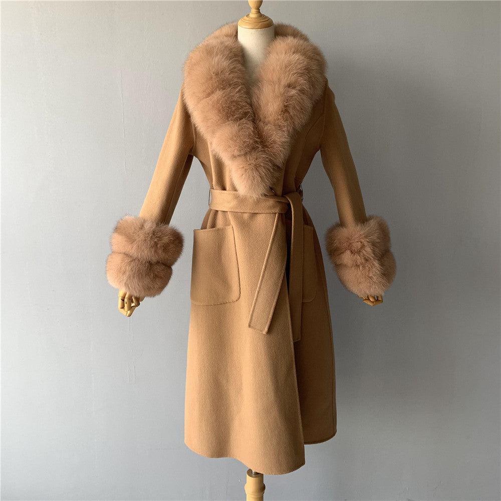 Jaxmonoy Women Cashmere Coat With Fur Collar And Cuffs