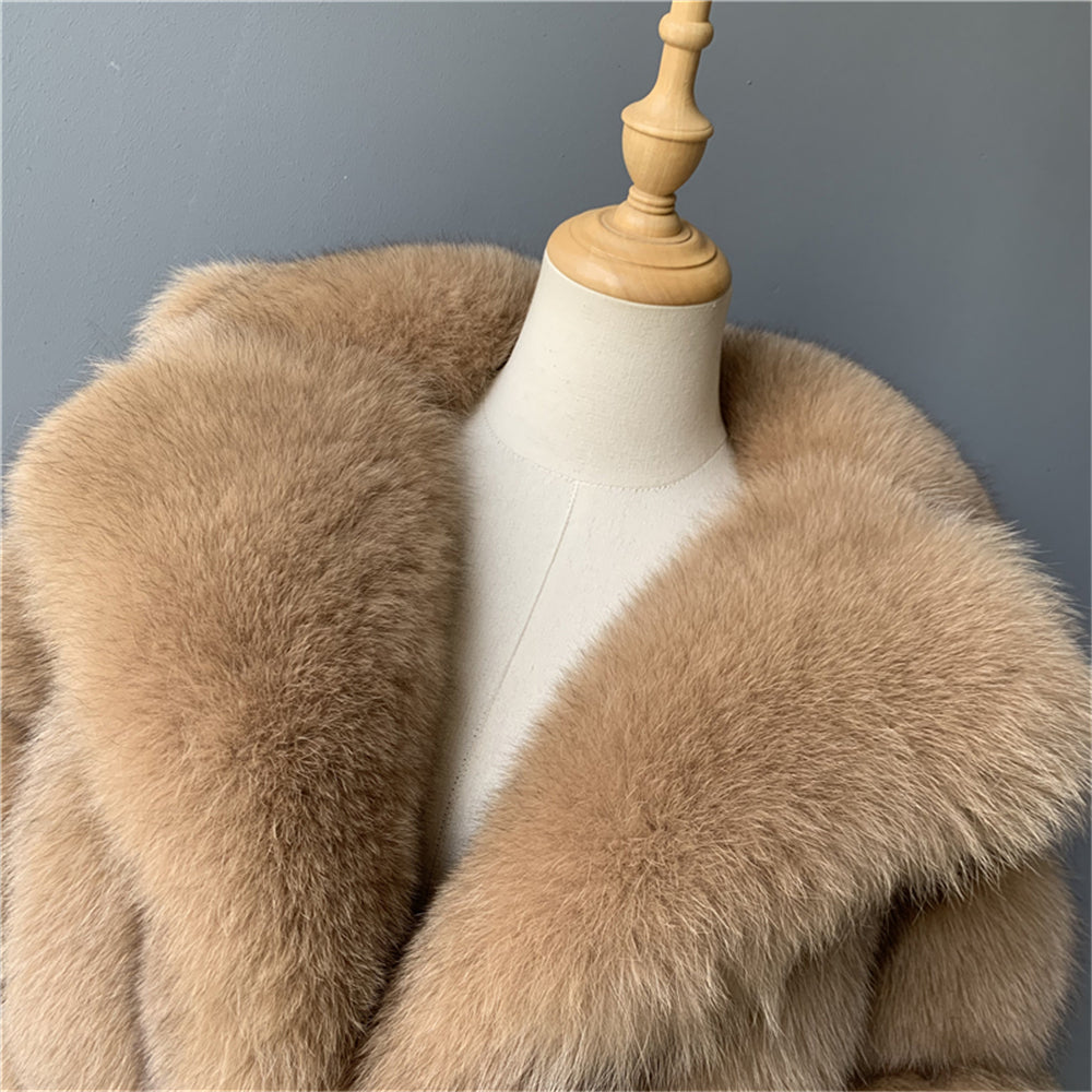 Jaxmonoy Real Fox Fur Coat With Big Double Face Fox Fur Collar