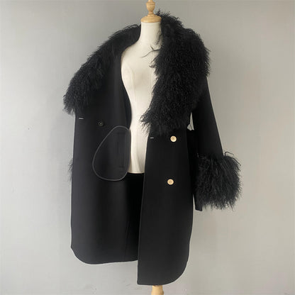 Winter Custom Long Wool Coat With Real Mongolian Fur Collar And Cuffs