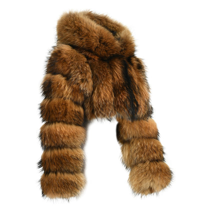 Winter Warm Fluffy Cropped Genuine Raccoon Fur Coat With Hood Women Custom Real Raccoon Fur Coat