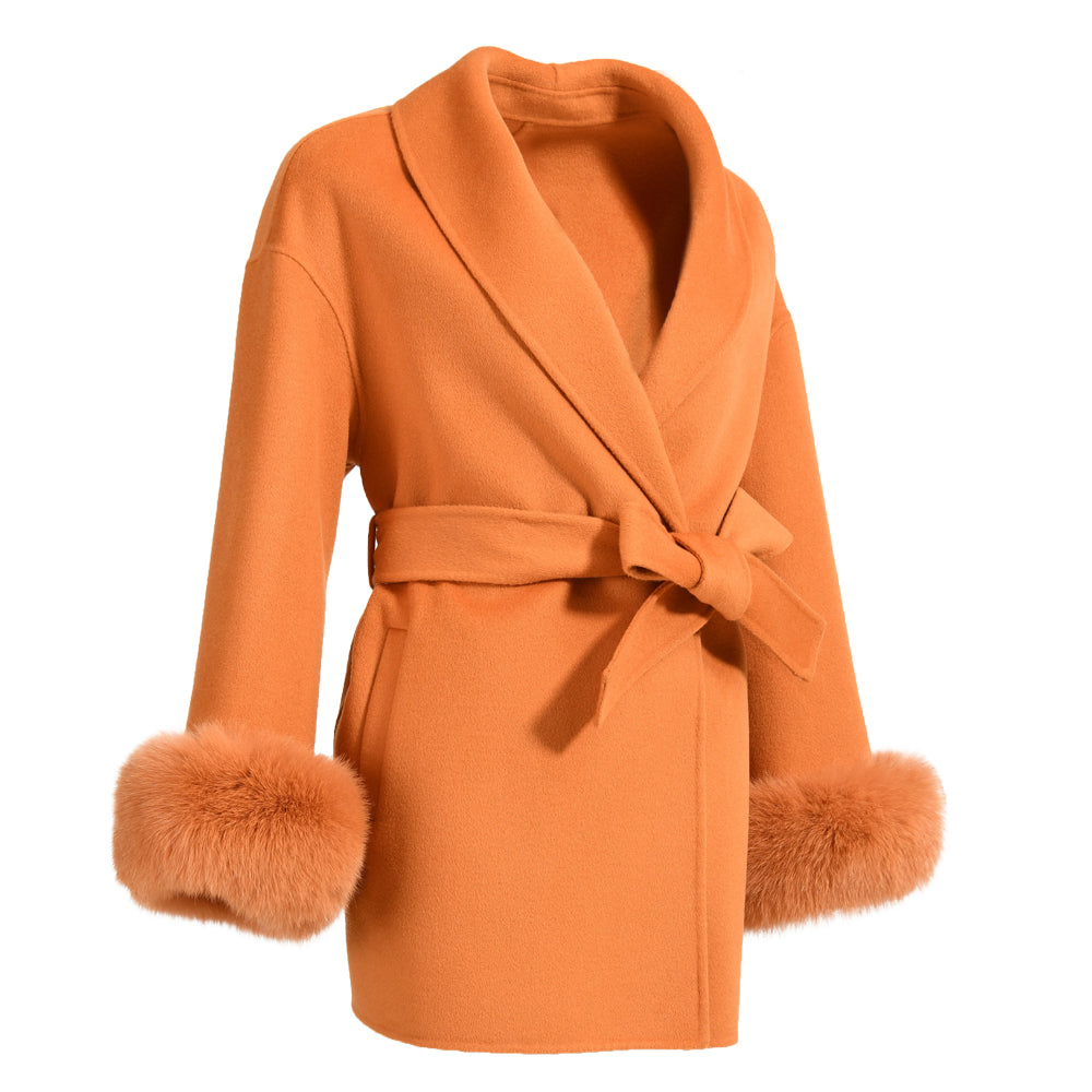 Regular Length High Quality Cashmere Coat With Real Fox Fur Cuffs Wholesale Winter 100% Women Wool Coat