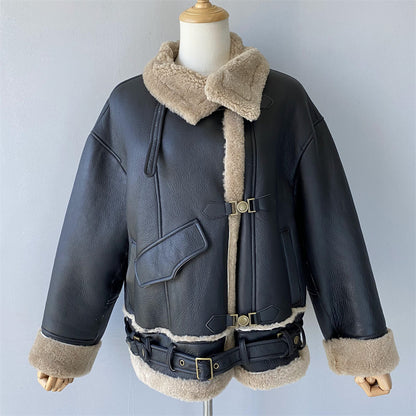 Warm Shearling Coat With Real Sheep Fur Belt Design Winter Women Genuine Shearling Jacket