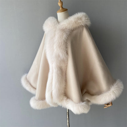 Hooded Cashmere Poncho Cape With Real Fox Fur Trim Women Poncho