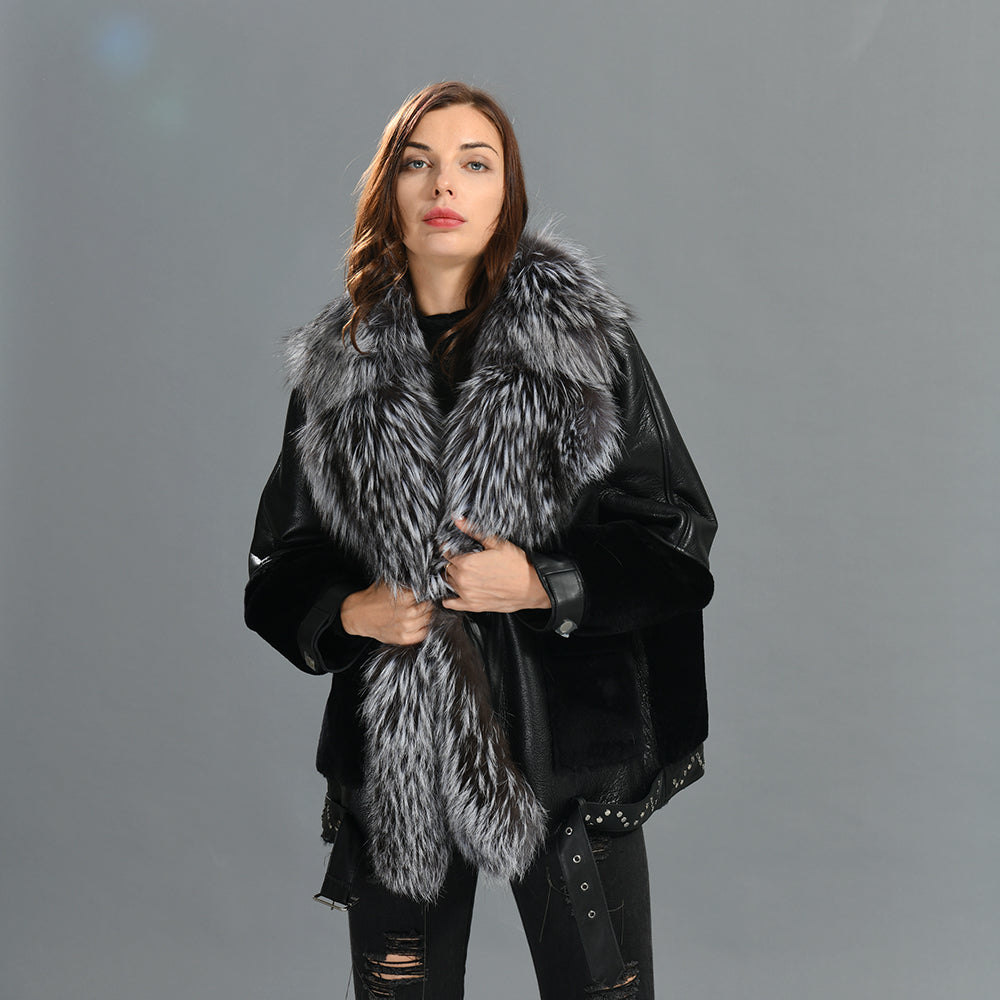 Winter Warm Thick Shearling Coat With Luxury Fox Fur Collar High Quality Genuine Leather Shearling Jacket Women Custom