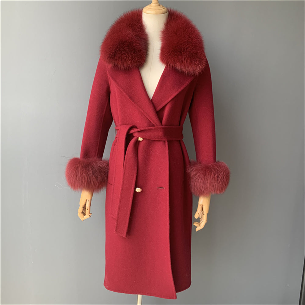 Jaxmonoy Slim Ladies Cashmere Coat Long Overcoat Real Fox Fur With Double-breasted