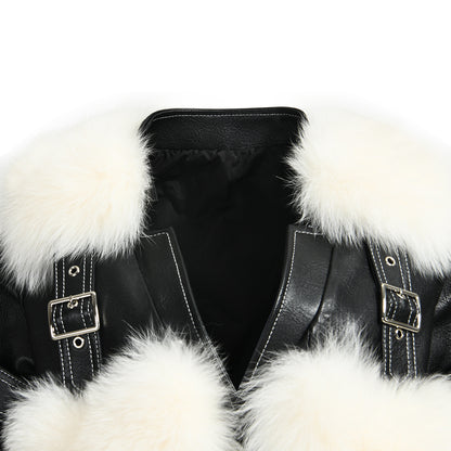 Streetwear Love Heart Shape Fox Fur Design Best Fashion Black Leather Jacket Womens