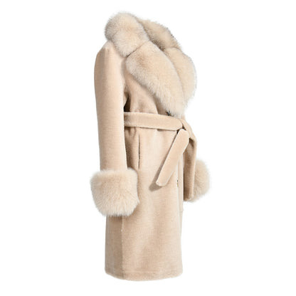 Winter Ladies Long Lamb Fur Fleece Jacket Custom Color Genuine Sheep Shearling Fox Fur Collar Teddy Bear Coat Women