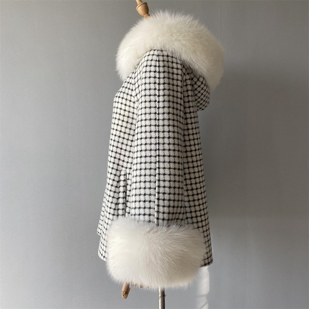 Regular Length Hooded Plaid Cashmere Coat With Real Fox Fur